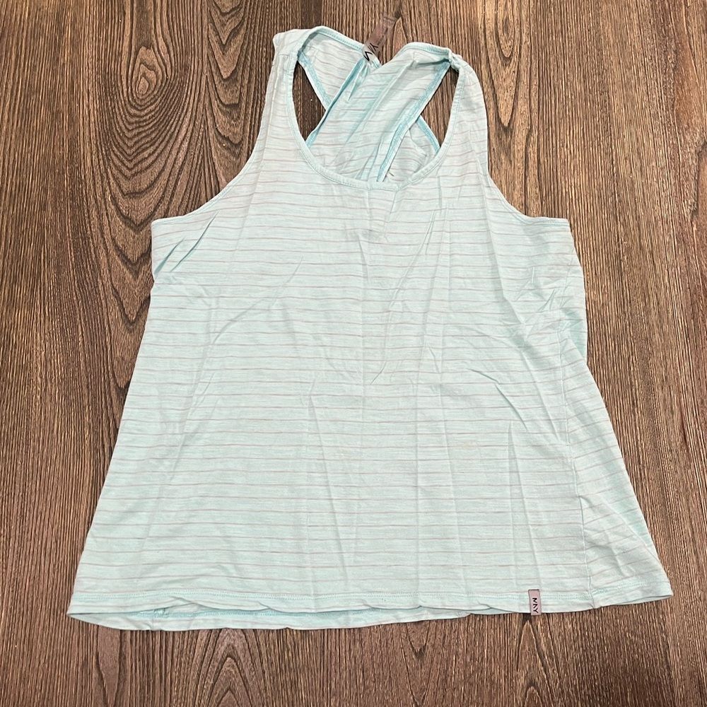 MNY Marc New York Performance Tank Top Striped Criss-Cross Back Blue Size M
